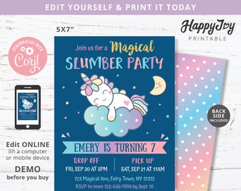 Unicorn Slumber Party Night Invitation, Girls Sleepover Birthday Invite, Editable Template INSTANT Digital Download Access, Self Edit