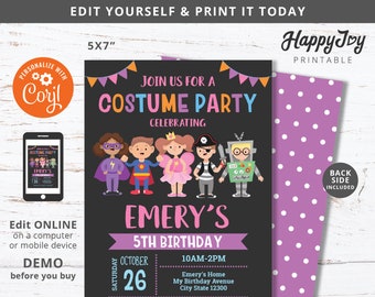May include: A 5x7 inch printable invitation for a costume party celebrating a child's 5th birthday. The invitation features a chalkboard background with colorful cartoon characters dressed in costumes. The text on the invitation reads "Join us for a Costume Party Celebrating Emery's 5th Birthday".
