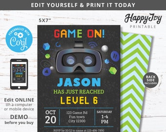 VR Game Party Invitation, Boys Virtual Reality Gaming Birthday Invite, Dark Background, Editable Template INSTANT Access, Self Edit Corjl