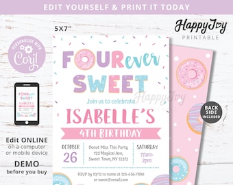 FOURever Sweet Donut Birthday Invitation, Girl 4th Birthday, Pink Purple Blue, Editable Template INSTANT Digital Download Access, Self Edit