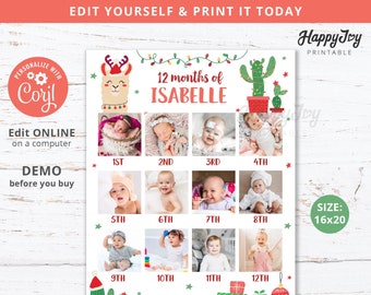 Jullama, första årets fotoposter, 16x20, flickas 1-årsdag, redigerbar mall DIREKT digital nedladdning, redigera själv med Corjl