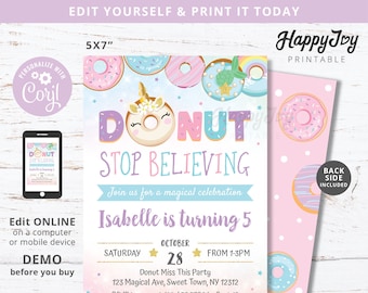 Unicorn Donut Party Invitation, Donut Stop Believing, Magical Birthday, Pink Purple, Editable Template INSTANT Download Access, Self Edit