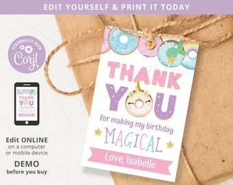 Donut Birthday Magical Favor Tag 2x3 Printable, Pink Purple, Sweet Thank You Label Tag Editable Template INSTANT Download, Self Edit Corjl