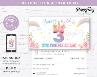 May include: A Facebook event invitation for a 3rd birthday party with a unicorn theme. The invitation features a pink, blue, and purple unicorn with a rainbow and stars. The text on the invitation reads "Young, Wild & Happy Joy Printable" and "Avery's 3rd Birthday".