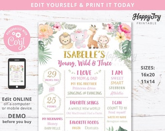 Girl Safari Birthday Milestone Board Poster, Floral Jungle Wild Animals, Any Age, Editable Template INSTANT Digital Download Self Edit Corjl