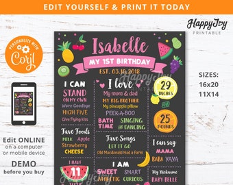 Tutti Frutti Milestone Board Poster 16x20, Girls ANY Age Birthday Chalkboard, Editable Template INSTANT Digital Download Self Edit Corjl