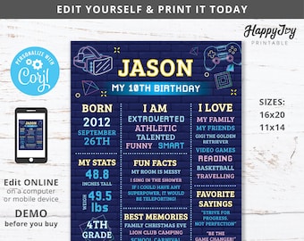 May include: A blue and purple birthday poster with neon lights and a video game controller graphic. The poster says "Jason My 10th Birthday" and includes details about Jason's life, including his birthdate, height, weight, and favourite things.