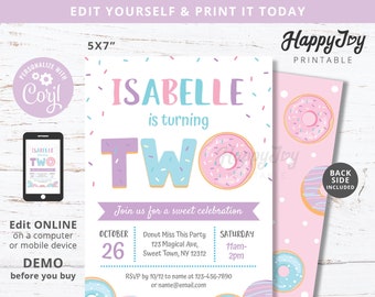 Donut 2nd Birthday Sprinkle Invitation, Girl Turning TWO, Pink Purple Blue, Editable Template INSTANT Digital Download Access, Self Edit