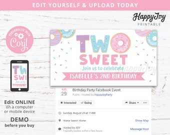 TWO Sweet Donut 2nd Birthday, Facebook Event Banner Cover Party Invite, Editable INSTANT Digital Download, Self Edit with Corjl