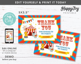 Circus Carnival Party Thank You Favor Label Card, 5x3.5 inch, Greatest Show Birthday, Editable Template INSTANT Access, Self Edit with Corjl