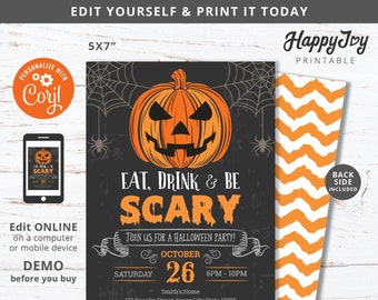 Eat Drink and Be Scary Halloween Invitation, Pumpkin Spooky Party Invite Printable, Editable Digital Template INSTANT Download, Self Edit