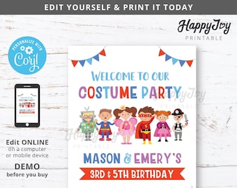 Costume Party Welcome Sign Poster, 8x10, Joint Sibling Boy Girl Birthday Twins, Editable Digital Template INSTANT Access Self Edit w Corjl