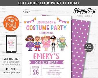 Costume Party Invitation, Kids Girl Costume Birthday Invite Printable, Editable Digital Template INSTANT Download Access, Self Edit