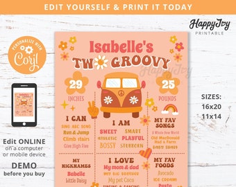 TWO Groovy Birthday Milestone Board Poster, Hippie Van Flower Power 2nd Birthday, Editable Template INSTANT Digital Download Edit w Corjl
