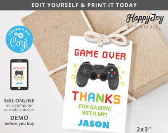 Console Game Favor Tag 2x3 Printable, Game Over Thank You Label Tag, Video Gaming, Editable Template INSTANT Access, Self Edit Corjl