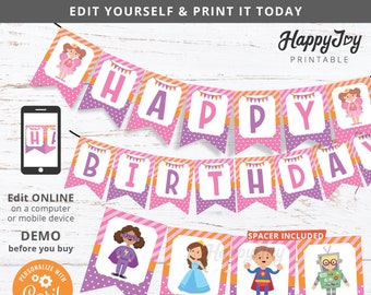 Costume Party Banner Pink Purple, Kids Girl Costume Happy Birthday Decoration Printable, EDITABLE Digital Template INSTANT Access, Self Edit