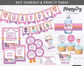 Costume Party Printable Kit, Girl Kids Costume Birthday Decoration, Pink Purple, EDITABLE Digital Template INSTANT Download, Self Edit