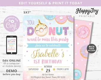 You Donut Wanna Miss The Party Invitation, Donut Unicorn Magical Birthday, Pink Purple, Editable Template INSTANT Download Access, Self Edit