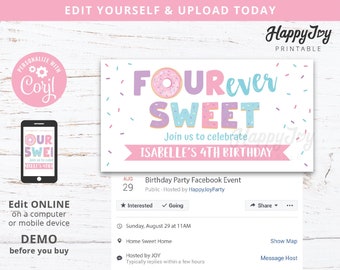 FOURever Sweet Donut Girls 4th Birthday, Facebook Event Banner Cover Party Invite, Editable INSTANT Digital Download, Self Edit with Corjl