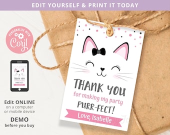 Purrfect Kitten Birthday Favor Tag 2x3 Printable, Smiling Kitty Cat Thank You Label Tag Editable Template INSTANT Download, Self Edit Corjl