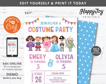 Costume Party Sibling Girls Joint Birthday Invitation, Kids Costume Invite Printable, Digital Template INSTANT Download Self Edit Corjl
