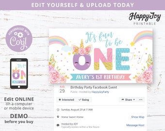 Unicorn 1st Birthday, Fun to be ONE, Facebook Event Banner, Girls Party Invite, Editable Template INSTANT Digital Download, Self Edit