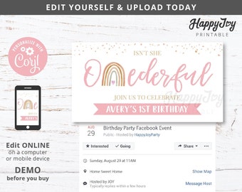 ONEderful 1st Birthday, Girl Turning ONE, Boho Rainbow Facebook Event Banner Party Invite, Editable INSTANT Digital Download, Self Edit