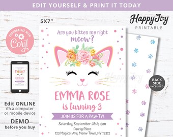 Kitten Birthday Invitation, Girls Purrfect Pawty Invite, Pink Purple Floral Cat Meow, Editable Digital Template INSTANT Download, Self Edit