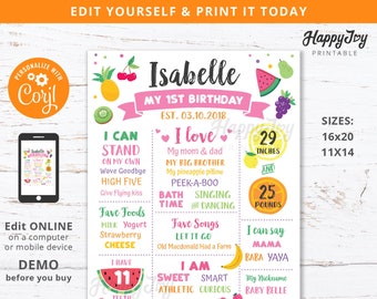 Tutti Fruity Birthday Milestone Board Poster 16x20, Girl Frutti 1st 2nd Birthday, Editable Template INSTANT Digital Download Self Edit Corjl