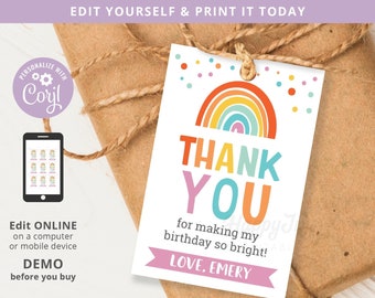 Rainbow Thank You Favor Tag 2x3 Printable, Colorful Birthday Baby Shower Label Tag Editable Template INSTANT Access, Self Edit Corjl