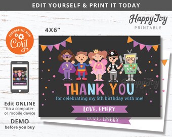 Costume Party Thank You Note Card 4x6, Kids Girls Birthday Printable, Editable Digital Template INSTANT Download Access, Self Edit Corjl