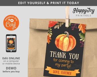 Pumpkin Party Favor Tag 2x3, Autumn Fall Pumpkin Patch Birthday Thank You Tag, Editable Template INSTANT Access, Self Edit with Corjl