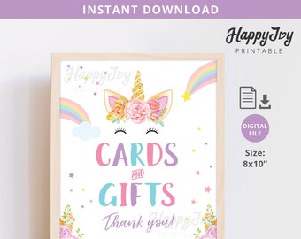 Unicorn Party Cards and Gifts Sign Poster 8x10, Girl Birthday, Pastel Rainbow Floral Pink Purple, INSTANT DOWNLOAD Digital File Printable