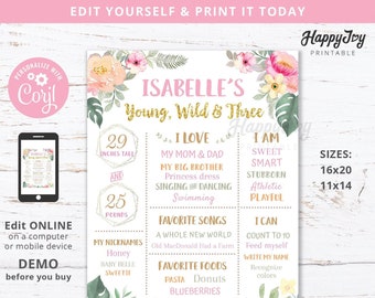 Floral Jungle Birthday Milestone Board Poster, Young and Three, Wild One, Any Age, Editable Template INSTANT Digital Download, Self Edit