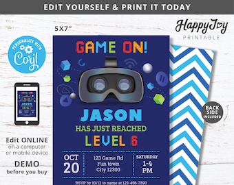 May include: A blue and white printable invitation for a video game themed birthday party. The invitation features a virtual reality headset, the text "GAME ON!" and the name "Jason". The invitation also includes the text "Has Just Reached Level 6" and details for the party, including the date, time, and location.