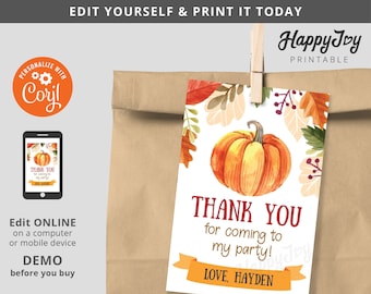 Pumpkin Fall Party Favor Tag 2x3, Autumn Pumpkin Patch Birthday Thank You Tag, Editable Template INSTANT Access, Self Edit with Corjl