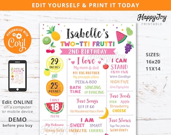TWOtti Frutti Party Milestone Board Poster 16x20, Girl Fruity Sweet 2nd Birthday, Editable Template INSTANT Digital Download Edit w Corjl
