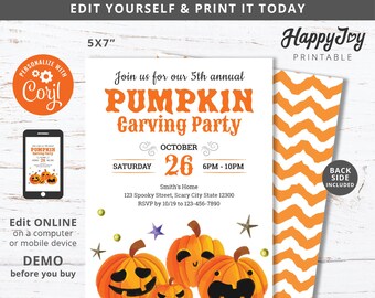 Pumpkin Carving Party Halloween Invitation, Pumpkin Invite Printable, Editable Digital Template INSTANT Download Access, Self Edit Corjl