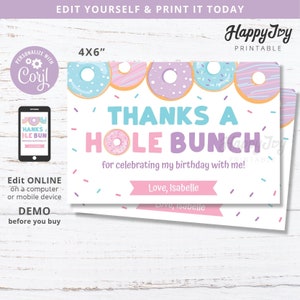 Donut Sprinkle Party Cartão de agradecimento 4x6, doce aniversário de menina, rosa azul roxo, modelo editável acesso instantâneo, autoedição Corjl