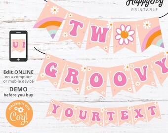 Two Groovy Birthday Party Banner, Girls 2nd Birthday Decor, Daisy Boho Rainbow, Editable Printable Template INSTANT Digital Download Corjl