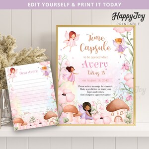 Cápsula do Tempo de Fadas, Cartão de Mensagem de Sinal de Aniversário de Meninas Fadas, Jardim Encantado, Modelo Corjl Editável Download INSTANTÂNEO Download Digital para Impressão