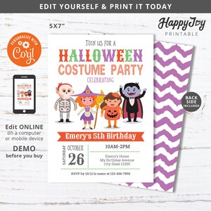 Halloween Costume Party Kids Birthday Invitation, Pumpkin Witch Girl Invite Printable, Editable Digital Template INSTANT Download, Self Edit