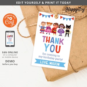 Superhelden Kostüm Party Favor Tag 2x3 Printable, Boy Girl Birthday Label Tag, bearbeitbare Vorlage SOFORT Download, Self Edit with Corjl co19