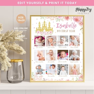 Princess Castle First Year Photo Poster, Girl 1st Birthday 12 Months, Editable Template INSTANT Digital Download, Edit Yourself with Corjl