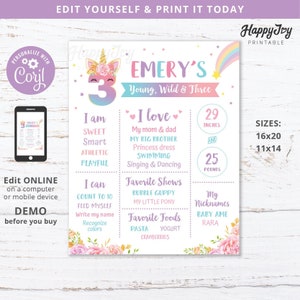 Unicorn Young Wild Three Milestone Board Poster, Girls Magical 3rd Birthday, Editable Printable Digital Template INSTANT Edit Corjl