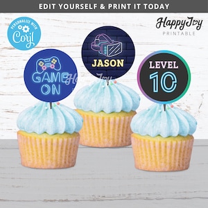 VR Game Party Cupcake Topper, Virtual Reality Video Gamer Birthday Digital Printable, Editable Template INSTANT Access, Edit w Corjl