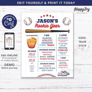 Baseball Rookie Year Milestone Board Poster, Boy Base Ball 1st Birthday Sign, Digital File Editable Template INSTANT Access Self Edit Corjl