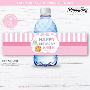 May include: Pink and white striped water bottle label with a milk bottle and cookie graphic. The label says "Happy Birthday Isabelle".