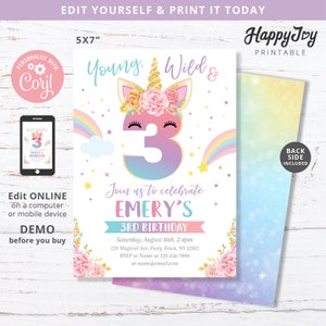Young Wild and Three Unicorn Invitation, Girl Turns 3, 3rd Birthday Party Invite, Editable Template INSTANT Digital Download, Self Edit File