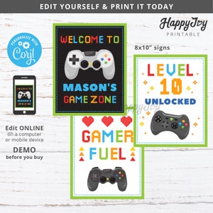 Game Welcome Party Signs 8x10, Console Video Gaming Boy Level Up Birthday Poster PRINTABLE, INSTANT Editable Template Corjl Digital Download